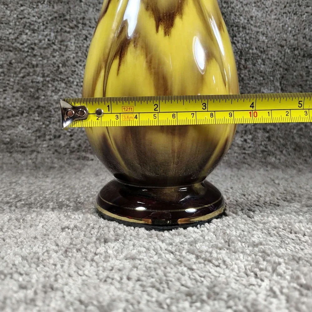 West Germany Vase Yellow Brown Drip Glaze Scalloped Gold Trim 556/21 8.25in